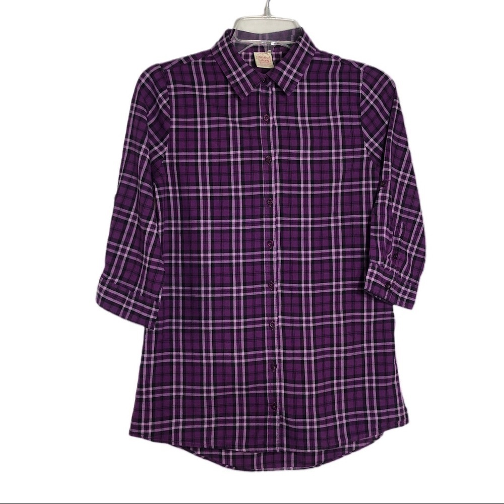 Faded Glory Purple Plaid 3/4 Sleeve Blouse